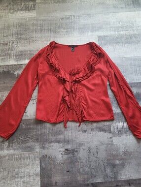 Forever 21 Tie Open Front Blouse Top Flare Sleeve Y2K Fairycore Red Silky Small